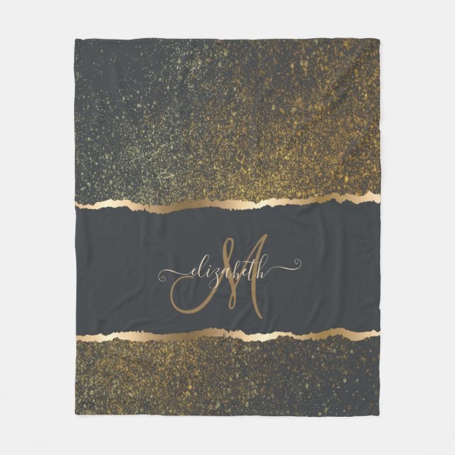 Modern Elegant Gold Touch Monogram Fleece Blanket (Front)