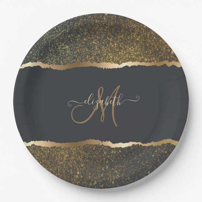 Modern Elegant Gold Touch Monogram Paper Plates (Front)