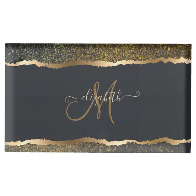 Modern Elegant Gold Touch Monogram Place Card Holder (Front)