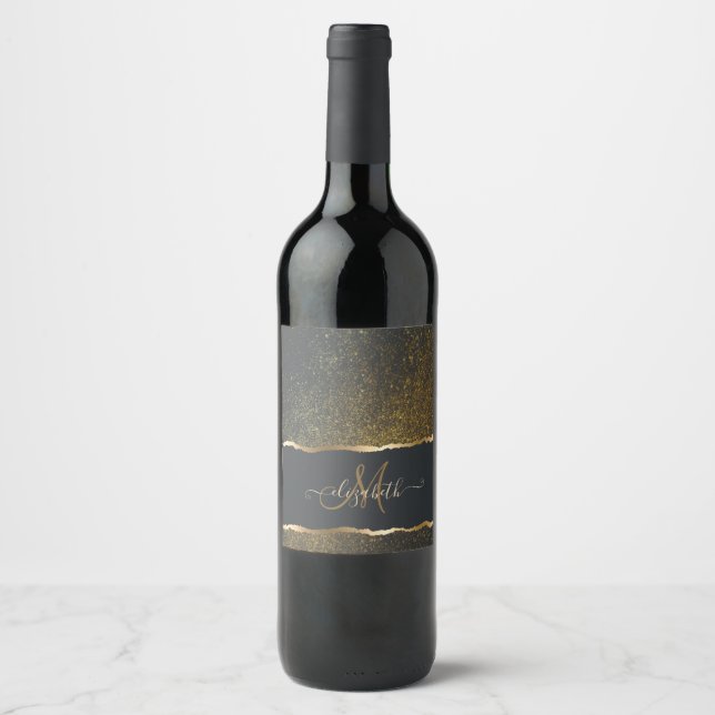 Modern Elegant Gold Touch Monogram Wine Label (Front)