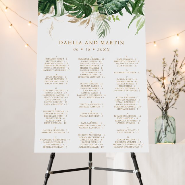 Modern Elegant Gold Tropical Wedding Seating Chart Foam Board (In Situ (Stand))