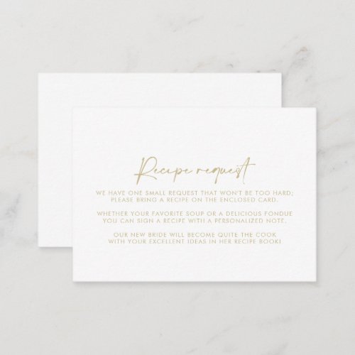 Modern Elegant Gold Wedding Recipe Request  Enclosure Card