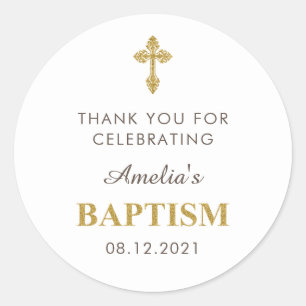 Modern Elegant Gold & White Baptism Thank You Classic Round Sticker