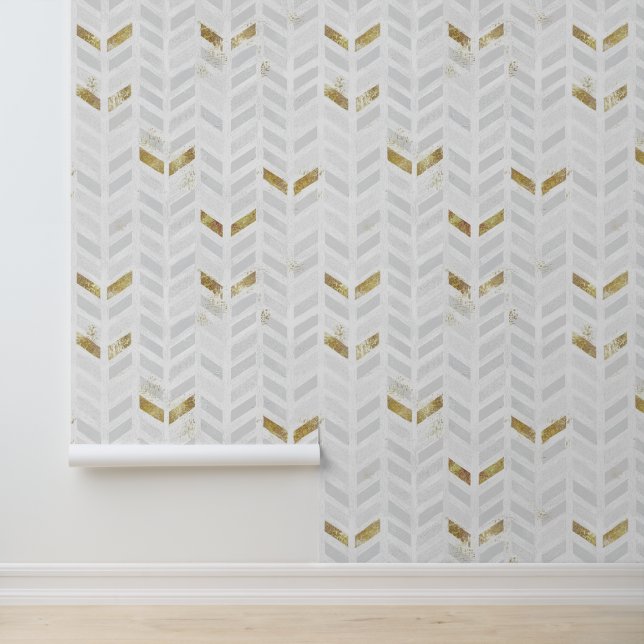 Modern Elegant Gold White Gray Painted Chevron Wallpaper (Application)