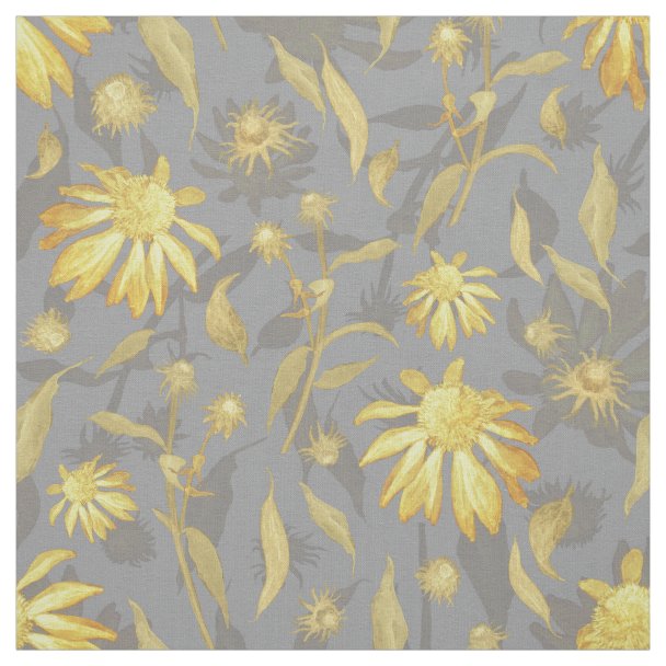 Gray and Yellow Flowers Fabric Zazzle