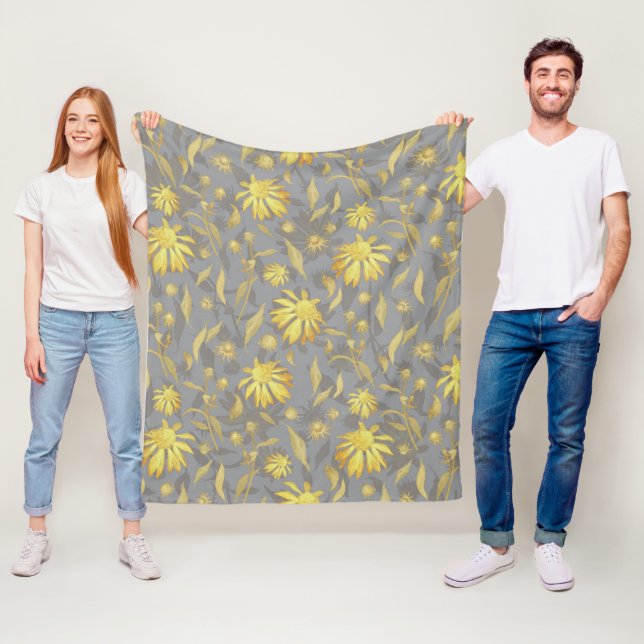 Modern Elegant Gold Yellow Gray Cone Flowers Fleece Blanket (In Situ)