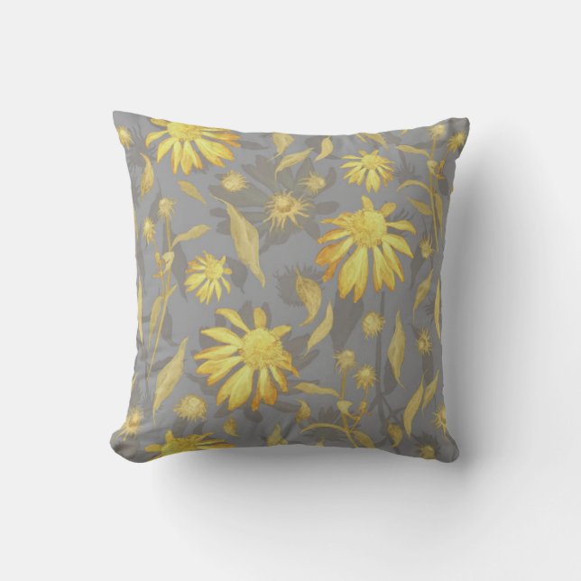 Modern Elegant Gold Yellow Gray Cone Flowers Throw Pillow (Front)