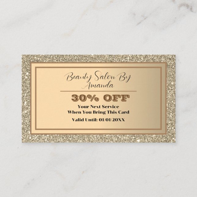 Modern Elegant Golden Foli Glitter Glamorous Salon Discount Card (Front)