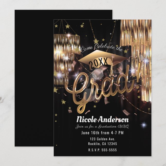 Modern Elegant Golden Glam Grad Party Graduation Invitation (Front/Back)