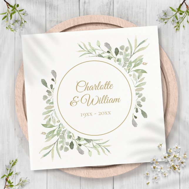 Modern Elegant Golden Script Greenery Napkins (Creator Uploaded)