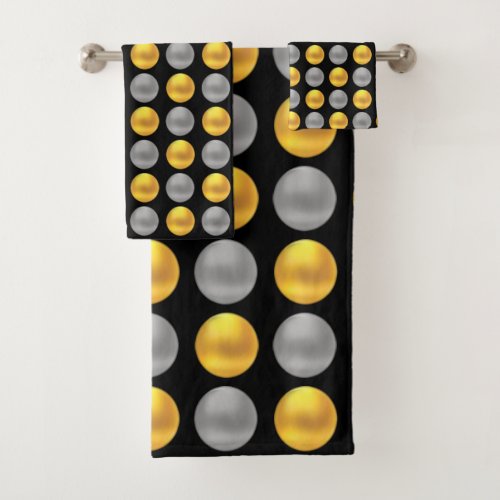 Modern Elegant Golden  Silver Dots on Black Bath Towel Set