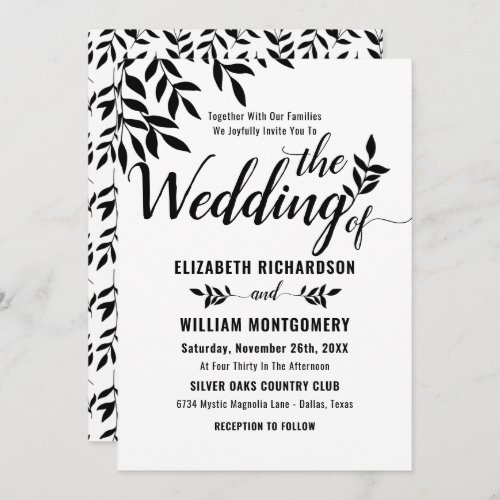 Modern Elegant Goth Black  White Foliage Wedding Invitation
