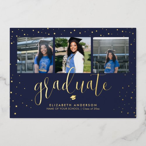 Modern Elegant Graduate 3 Photo Collage Graduation Foil Invitation