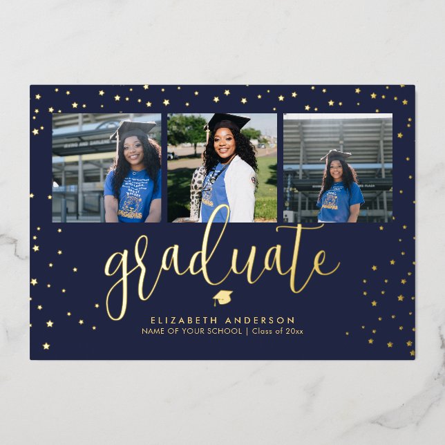 Modern Elegant Graduate 3 Photo Collage Graduation Foil Invitation (Front)