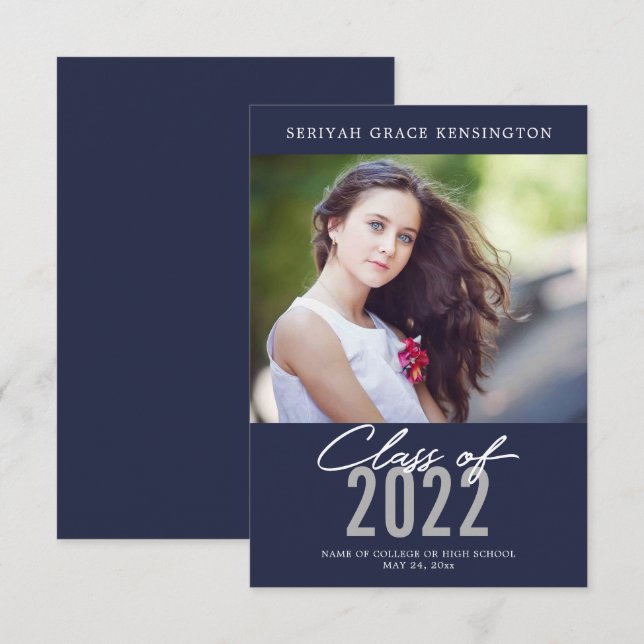 Modern Elegant Graduate | Blue Graduation Photo Announcement (Front/Back)