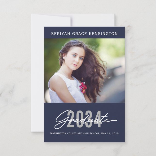 Modern Elegant Graduate | Blue Graduation Photo Announcement (Front)