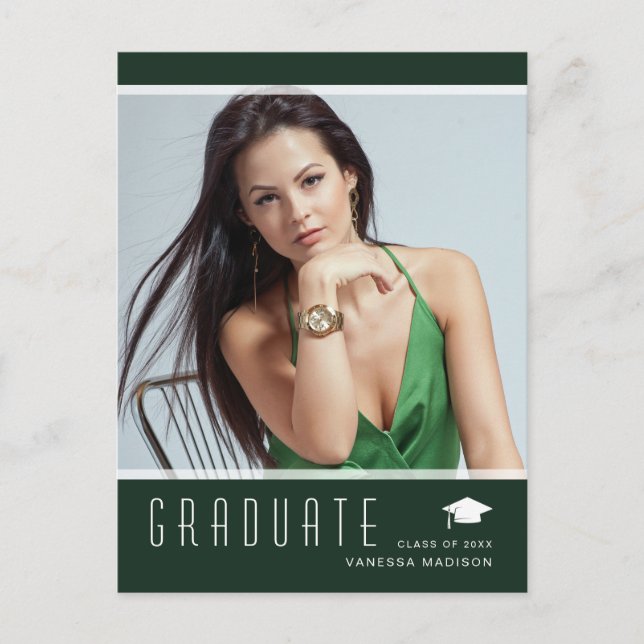 Modern Elegant Graduate Photo Green Announcement Postcard (Front)