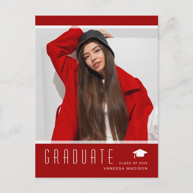 Modern Elegant Graduate Photo Red Announcement Postcard (Front)