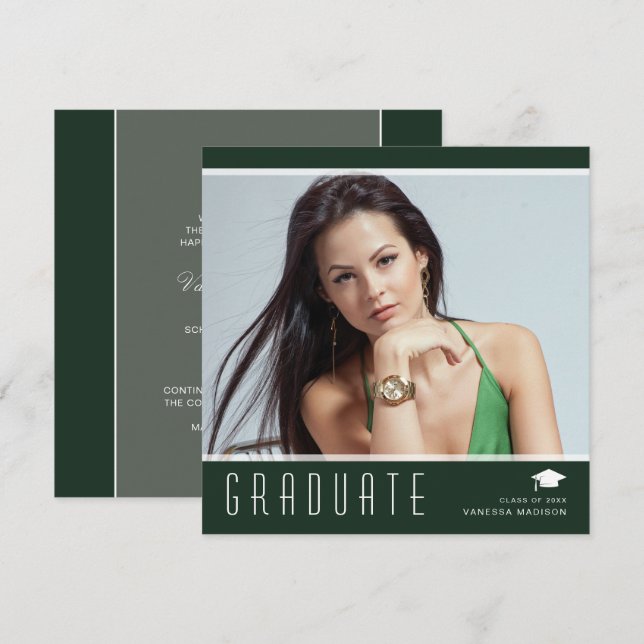 Modern Elegant Graduate Stylish Photo Green White Announcement (Front/Back)
