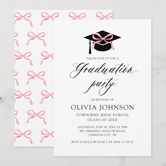 Modern Elegant Graduation Cap Pink Bow Graduation  Invitation (Front/Back)
