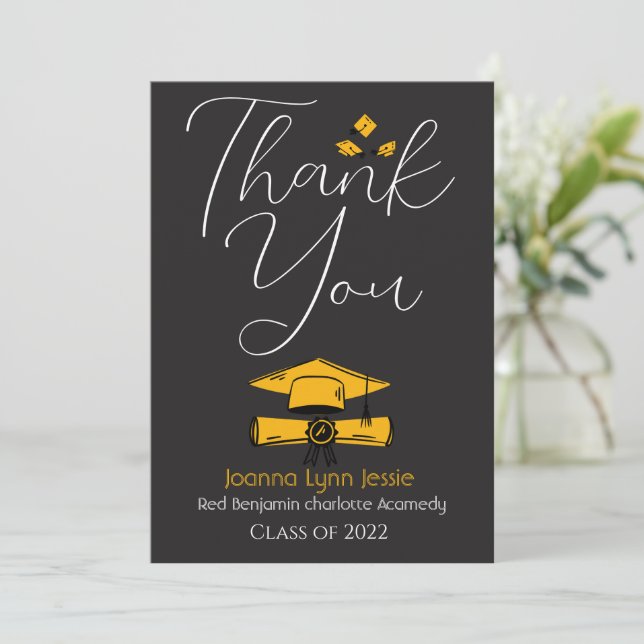 Modern Elegant Graduation gold Cap Thanks Script Thank You Card (Standing Front)