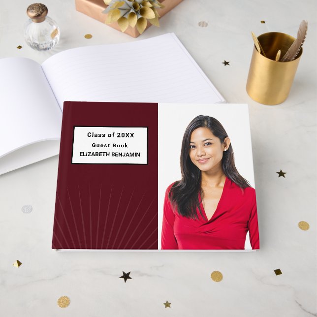 Modern Elegant Graduation Photo Red Custom Guest Book (Front Open)