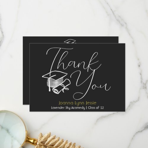 Modern Elegant Graduation white Cap Thanks Script  Thank You Card