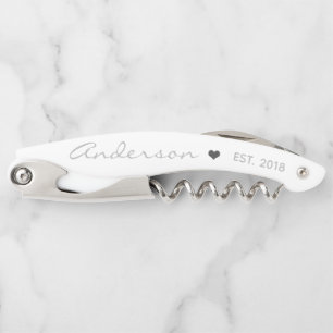 Modern Elegant Gray Heart Script & Custom Text Waiter's Corkscrew