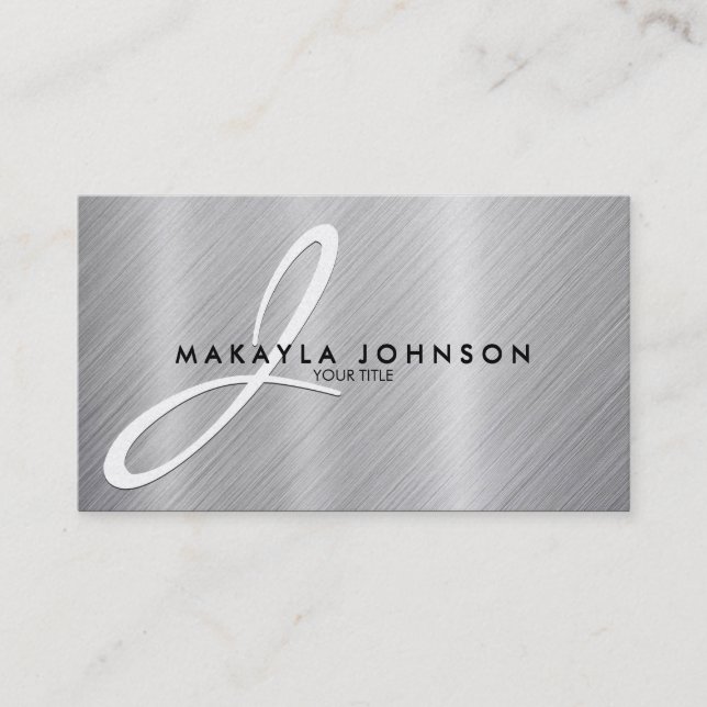 Modern & Elegant Gray Monogram Brushed Aluminum Business Card (Front)