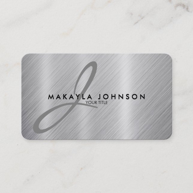 Modern & Elegant Gray Monogram Brushed Aluminum Business Card (Front)