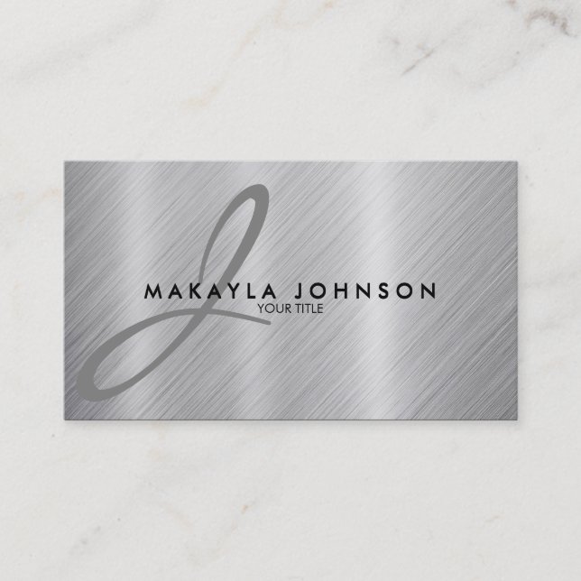 Modern & Elegant Gray Monogram Brushed Aluminum Business Card (Front)