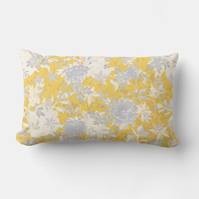 Modern Elegant Gray Mustard Yellow Marigold Floral Lumbar Pillow (Front)
