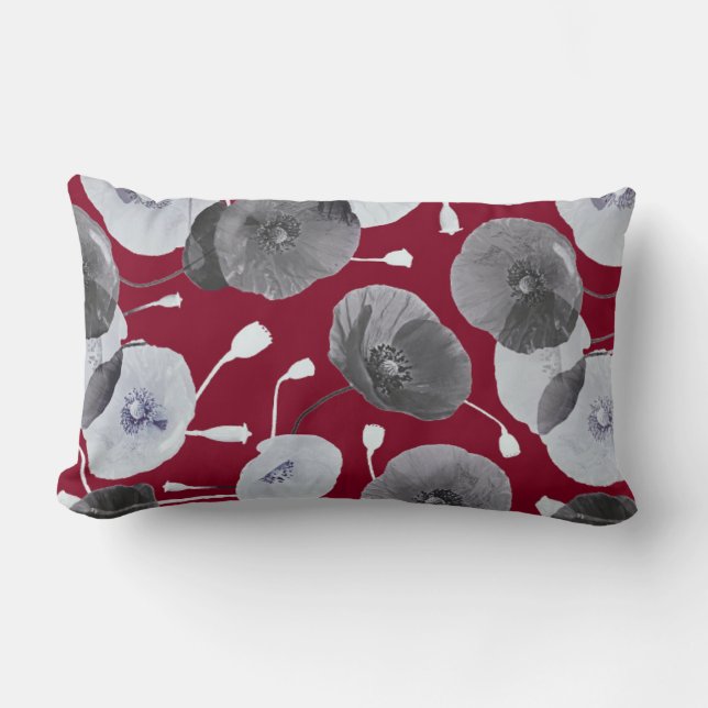 Modern Elegant Gray Poppy Flowers Burgundy Lumbar Pillow (Front)