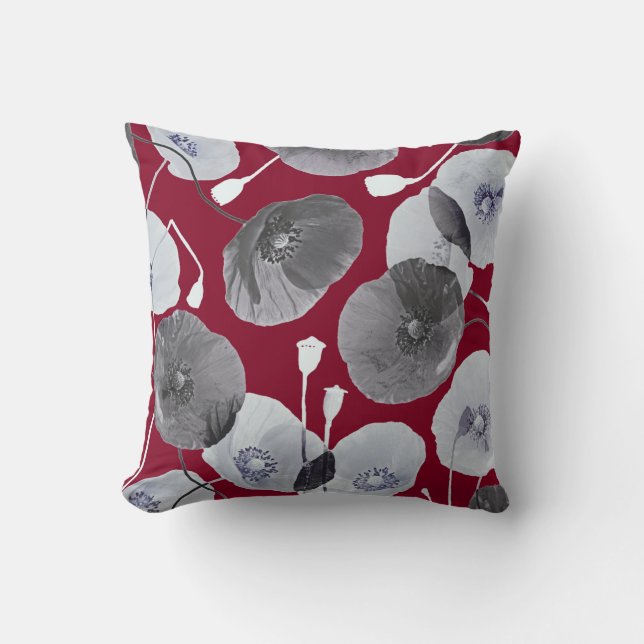 Modern Elegant Gray Poppy Flowers Burgundy Throw Pillow (Front)