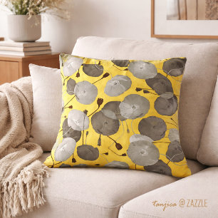 Modern Elegant Gray Poppy Flowers Mustard Yellow Throw Pillow