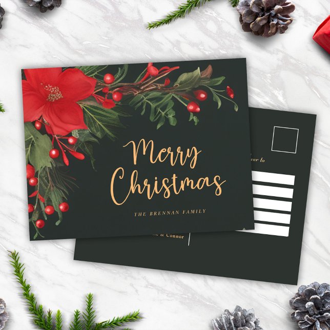 Modern Elegant Green Botanical Merry Christmas Holiday Postcard (Modern Elegant Green Botanical Merry Christmas Holiday Postcard)