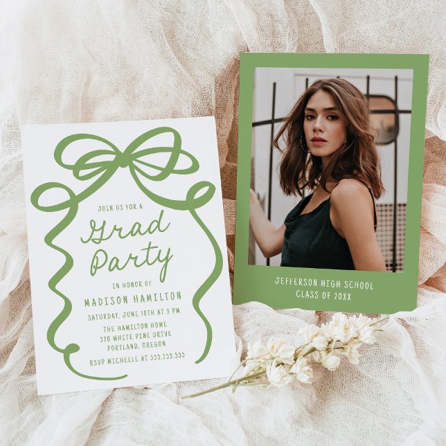 Modern Elegant Green Bow Photo Graduation Party Invitation (Creator Uploaded)