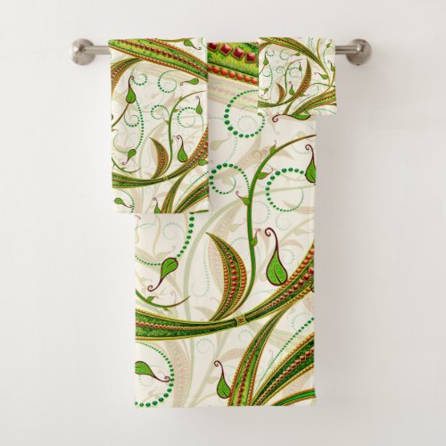 Modern Elegant Green Brown Swirls Pattern  Bath Towel Set