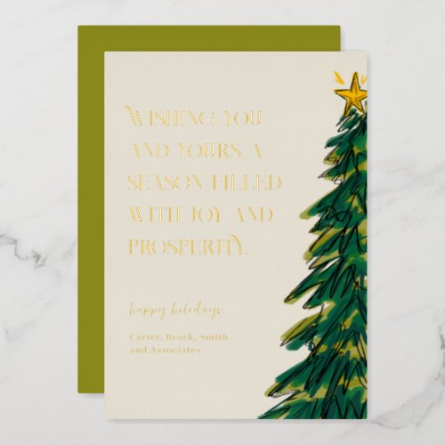 Modern Elegant Green Christmas Tree Sketch Gold Foil Holiday Card
