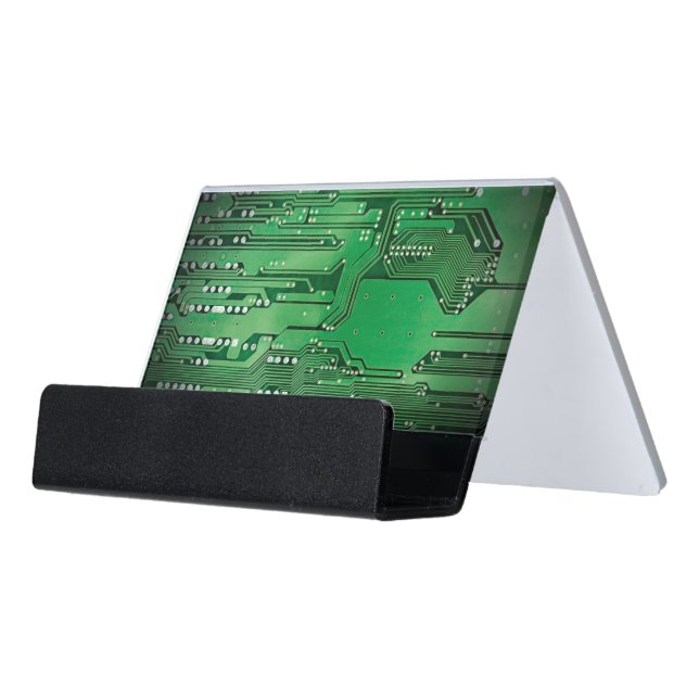 Modern Elegant Green Circuit Board Photo Desk Business Card Holder (Angled Front)