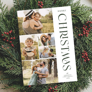 Modern Elegant Green Five Photo Collage Christmas Holiday Card