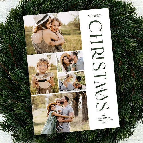 Modern Elegant Green Five Photo Collage Christmas  Holiday Card