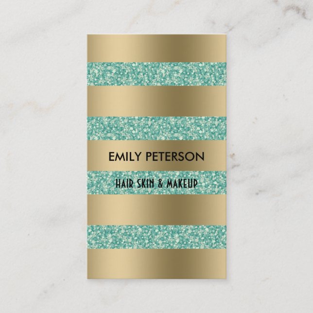 Modern Elegant Green Glitter And Gold Stripes Business Card (Front)