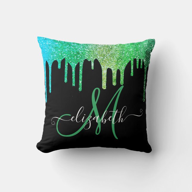 Modern Elegant Green Glitter Drips Black Monogram Throw Pillow (Front)