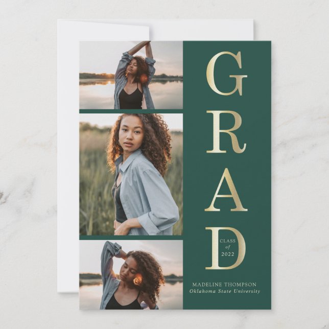 Modern Elegant Green Gold 3 Photo Graduation Announcement (Front)