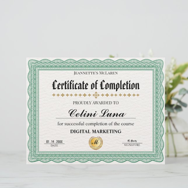Modern Elegant Green & Gold Certificate of Comple (Standing Front)