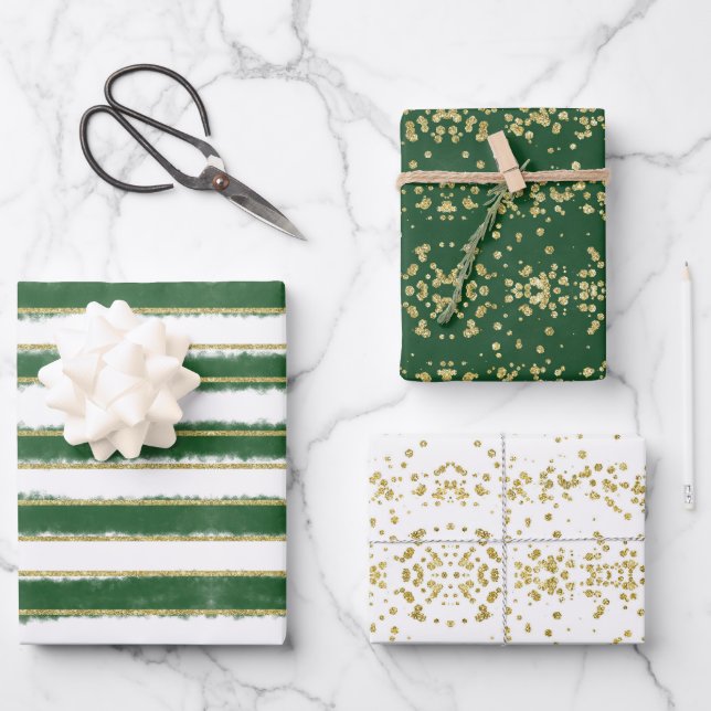 Modern Elegant Green Gold Christmas Holiday Wrapping Paper Sheets (Front)