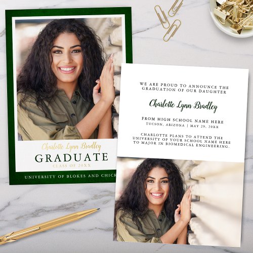 Modern Elegant Green Gold Graduation Announcement