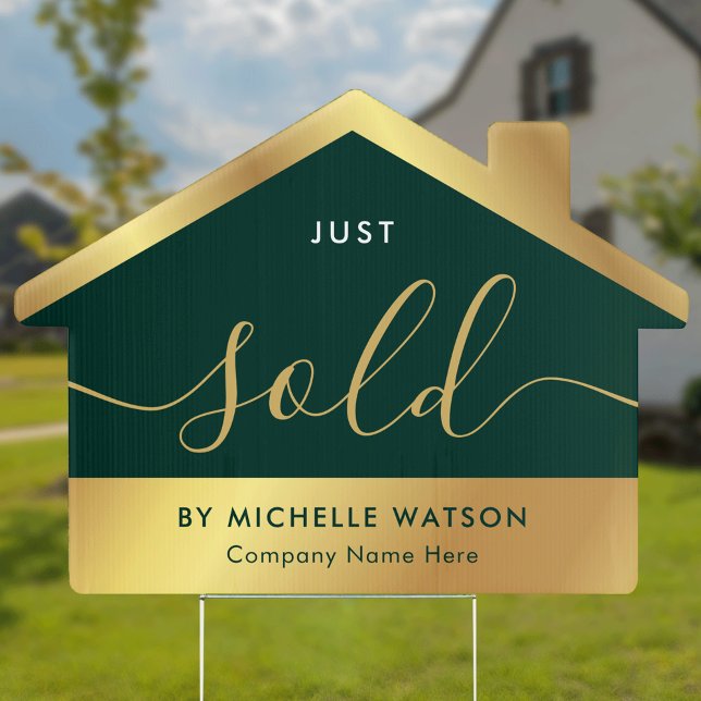 Modern Elegant Green & Gold Just Sold Realty Sign (Elegant modern green and faux gold Just Sold real estate yard sign)