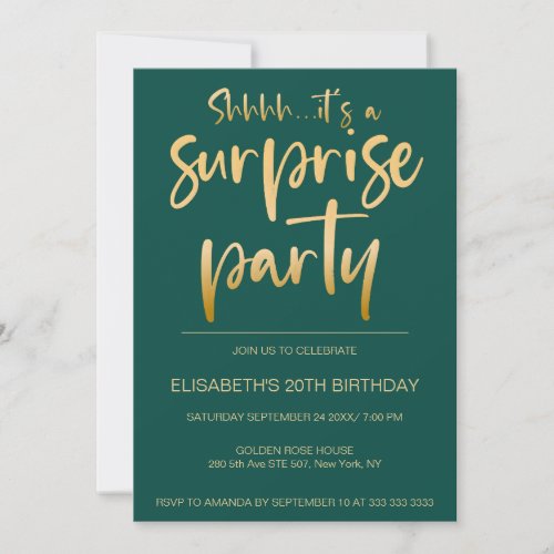 Modern Elegant Green Gold Surprise Birthday Party Invitation